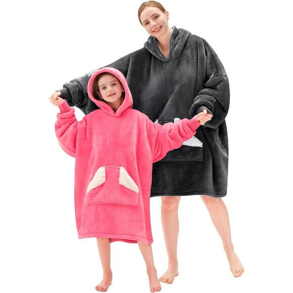 Women Oversized Sherpa Fleece Blanket Hoodie Warm Cozy Wearable Sweatshirt Grey - Picture 6 of 7